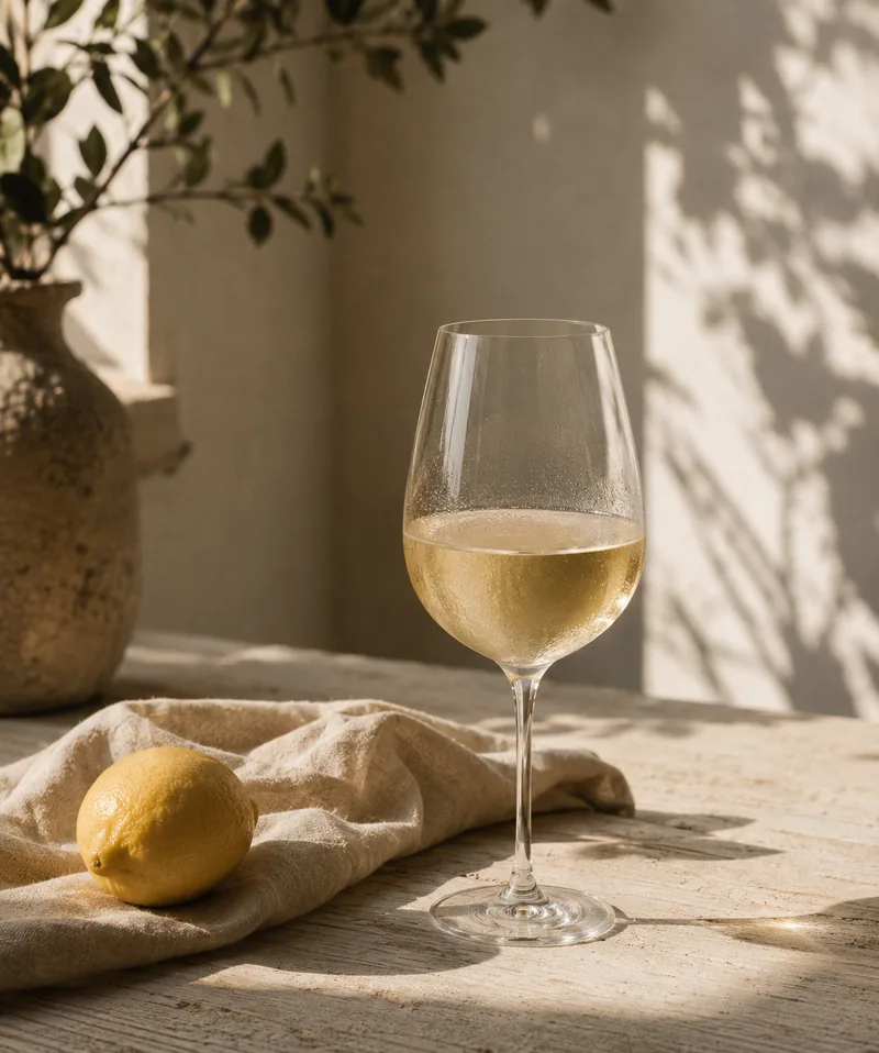 Copa de Vermentino Domus Vini con limón sobre mesa de madera