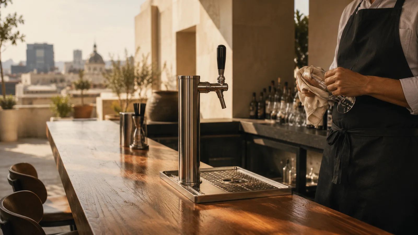 Rooftop de Ciudad de México con sistema de dispensado de vino en keg