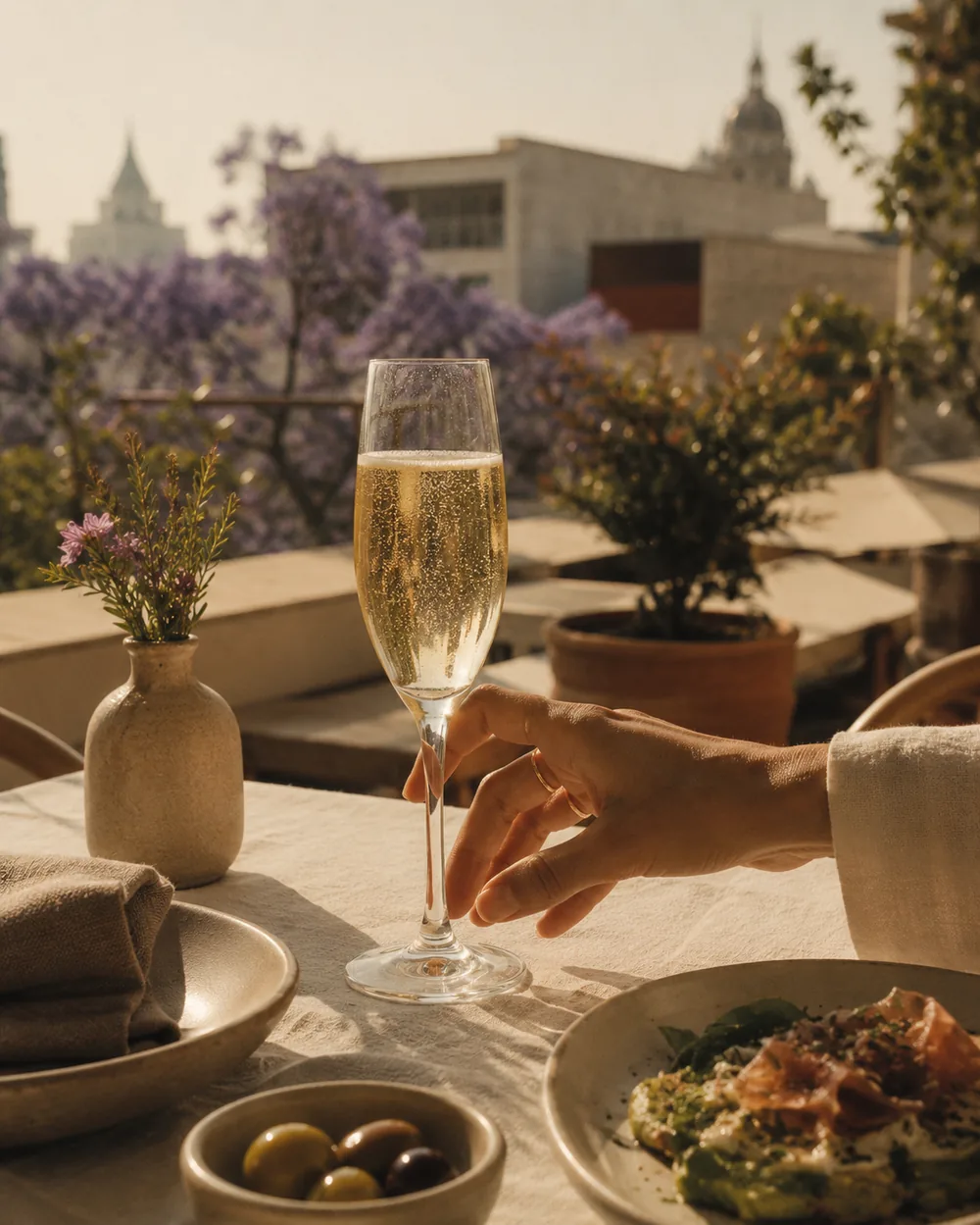 Ritual del brunch en rooftop de Ciudad de México con copa de espumoso