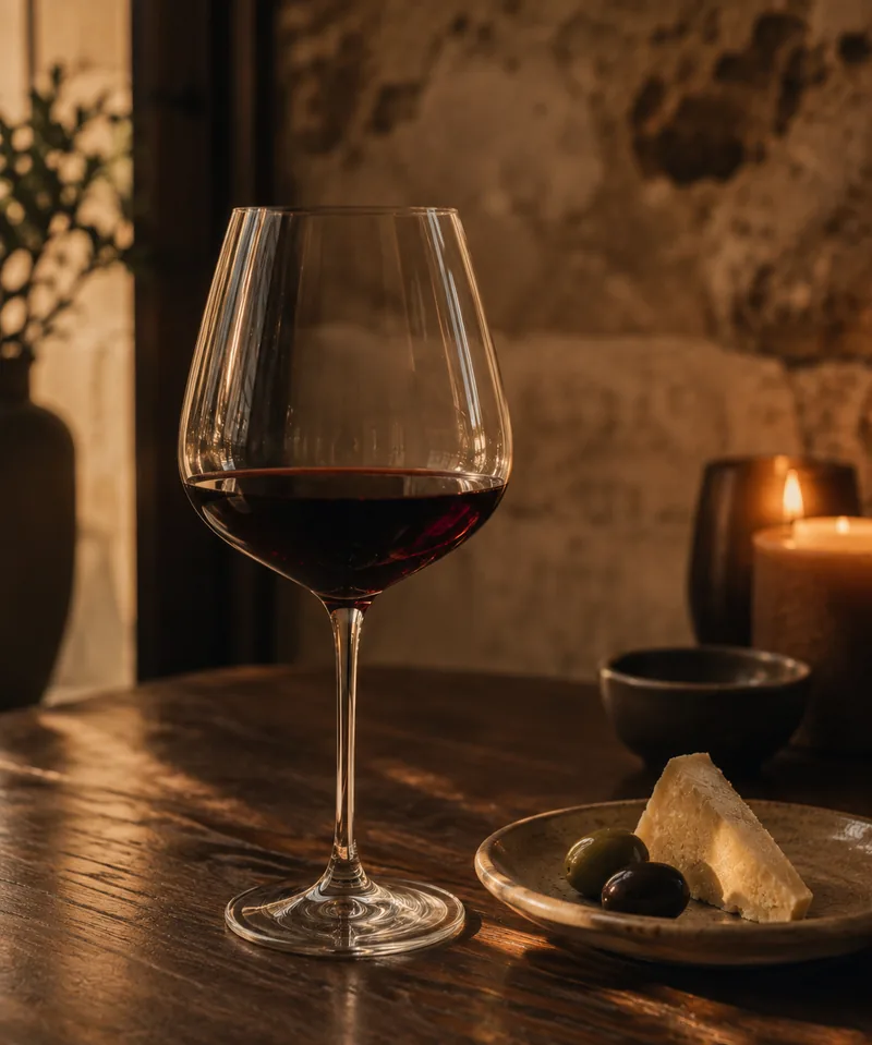 Copa de Sangiovese OneWayKeg con queso y aceitunas a la luz de vela
